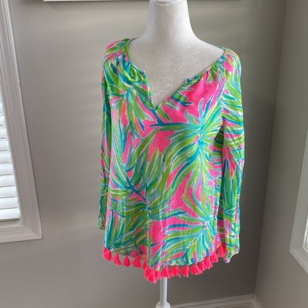 Lilly Pulitzer Linzy Tiki Fringe Pink Green Tastle Top XS - Picture 5 of 9